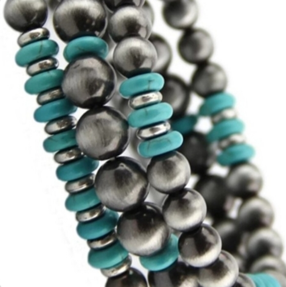 Beaded faux Navajo pearl & turquoise stretch bracelet Trio Southwestern western